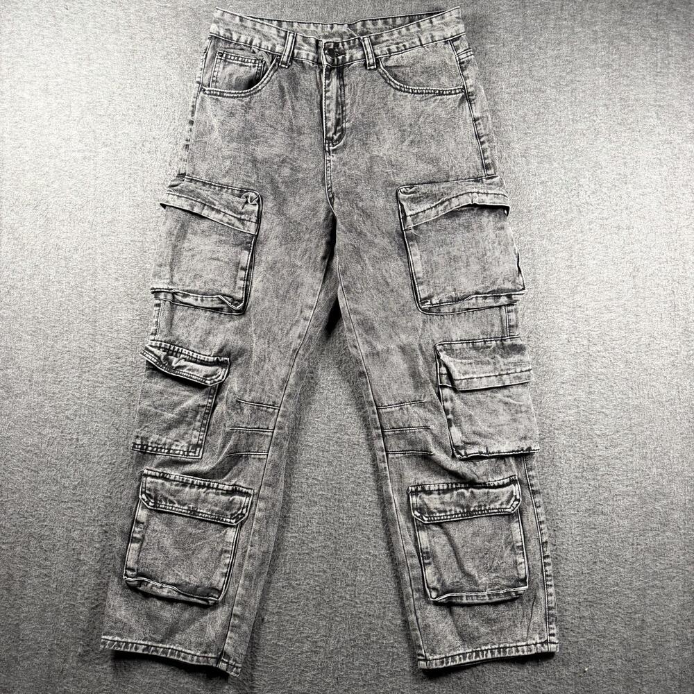 Manfinity Jeans Mens 32x30 Gray Relaxed Straight Cargo Denim Pants Acid Wash